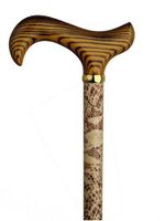 Walking Cane-Snakeskin-This walking stick cane has an elegant Snakeskin print on maple wood shaft with scorched hardwood derby handle. This wooden cane has a weight capacity of 250 pounds and 35 inches long.