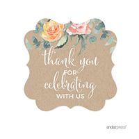 Andaz Press Peach Kraft Brown Rustic Floral Garden Party Baby Shower Collection, Fancy Frame Gift Tags, Thank You for Celebrating with US, 24-Pack