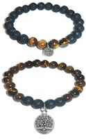 Hidden Hollow Beads Charm Tigers Eye and Black Lava Natural Stone Women's Yoga Beaded Stretch Bracelet Set. Comes in A Gift Box! (Tree of Life)