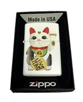 Zippo Custom Lighter - Lucky Japanese Maneki Neko Beckoning Cat - Regular White Matte
