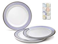 " OCCASIONS" 60 Plates Pack, Heavyweight Disposable Wedding Party Plastic Plates (10.5'' Dinner Plate, Odyssey in White/Blue & Gold)