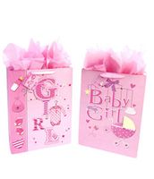16.5" Extra Large Baby Shower Gift Bags (Glitter Pop-up Design Picture) with Tissue Papers/Handles and Tags for Baby Girl 2-Pack (Pink)