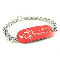 My Identity Doctor - Custom Engraved Medical ID Bracelet - Aluminum, Steel Curb Chain - Red - Wrist Size 8 Inch