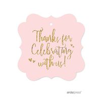 Andaz Press Blush Pink Gold Glitter Print Wedding Collection, Fancy Frame Gift Tags, Thanks for Celebrating with US, 24-Pack