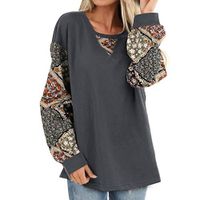 Sunhusing Women's Casual Round Neck Ethnic Style Small Floral Print Long Sleeve Lantern Sleeve Pullover Top(Gray,XL)