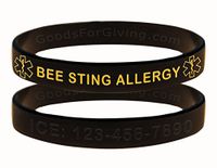 Custom Bee Sting Allergy ID Bracelet Wristbands - 2 Pack - Black - 8 Inches - Standard