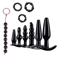 7 PCS/Set Soft Silicone Trainer Kit Anale Pugs Beginner Set with T-bar Base (Black)+3 PCS Delay Time Ring
