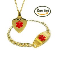My Identity Doctor - Women's Custom Engraved Medical ID Bracelet and Heart Necklace - Stainless Steel, Curb Links, 8.5 Inches