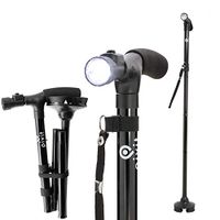 Pivit Adjustable Folding Walking Cane with LED Flashlight | 360 Degree Roller Walk Stick Feet | Premium Foam Handle & Wrist Strap | Foldable Polished Sleek Scratch-Resistant Anodized Aluminum | Black