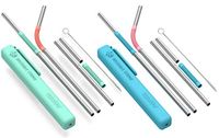 Asobu Reusable Metal and Silicone Straw with Cleaning Brush and Case (Mint coral/blue pink)