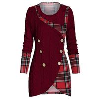 Coupondeal Plus Size Women O-Neck Long Sleeve Plaid Botton Pachwork Asymmetric Tops Sweater(Red,XXXL)