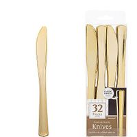 ELEGANI Black & Gold Geometric Premium Tableware for Holidays, Parties, Wedding, Annniversary, New Year; Gold Premium Plastic Knives (2X Pack of 32ct Each)