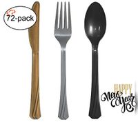 Tiger Chef Gold Silver and Black New Years Flatware Party Supplies, Heavyweight Colored Plastic Silverware Includes 24 Forks, 24 Teaspoons, and 24 Knives (New Year, 72)