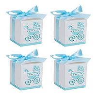 BENECREAT 50 Sets 2.4x2.4x2.4” Baby Shower Favor Box Sky Blue Baby Carriage Printing Box with Ribbon for Candy Chocolate Treats