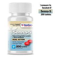 GenCare - Senna-S Natural Vegetable Laxative Plus Stool Softener Dual Action (200 Tablets) Value Pack | Gentle Dependable Overnight Relief of Occasional Constipation Generic for Senokot-S