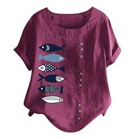 Amlaiworld Women Casual Plus Size Blouse Summer O-Neck Printed T Shirt Loose Button Tunic Shirt Tops Wine