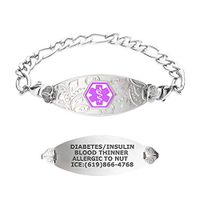 Divoti Custom Engraved Medical Alert Bracelets for Women, Stainless Steel Medical Bracelet, Medical ID Bracelet w/Free Engraving – Lovely Filigree Tag w/Figaro-Purple-6.5"