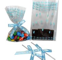 Weststone Bags and Bows - 25pcs 5"x 8" Blue Footprints Bags and Ribbon Bows for Boy Baby Shower Party