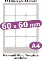 Minilabel 60X60mm Square, 60 Labels, Matt Paper, 5 A4 Sheets, Laser Copier Inkjet Stickers