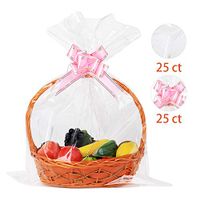 UltraOutlet 50 Packs Large Cellophane Wrap 24 x 30 Clear Cellophane Gift Basket Bags 2.3 Mil Thick Clear Cello Bags for Fruit Basket, Gift Wrap, Treats, Arts and Crafts, 50ct Ribbon Bows