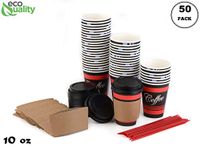 COMBO Set of 50-10oz - Paper Coffee Hot Cups, Black Dome Lids, Sleeves & Stirrers - Disposable Coffee Cups, To Go Travel Mug, Office/Party Pack, Hot/Cold Coffee, Tea & Chocolate, Latte