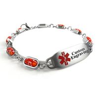 My Identity Doctor - Men's Custom Engraved Medical Alert Bracelet - 5mm Steel, Glass - Red - Wrist Size 7 Inch