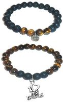 Hidden Hollow Beads Charm Tigers Eye and Black Lava Natural Stone Women's Yoga Beaded Stretch Bracelet Set. Comes in A Gift Box! (I Love My Husband)