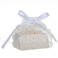 Tinksky 50 Pack Roses Flowers Laser Cut Anniversary Gifts Candy Box Bomboniere with Ribbons Bridal Shower Wedding Party Favors (White)