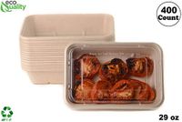 29oz Compostable Eco Friendly Container Trays with Clear Lids [400 PACK] - Rectangular Oblong Tree Free Sugarcane Bagasse Meal Prep Bento Boxes Take Out Catering Microwave Deep Container by EcoQuality