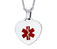 Mealguet Jewelry Free Engraving- Stainless Steel Heart-Shape Medical Alert ID Tag Pendant Necklace for Men Women