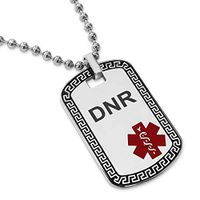 Two-Tone Stainless Steel Greek Key Medical Alert ID Dog Tag Pendant Necklace, DNR (Do-Not-Resuscitate)