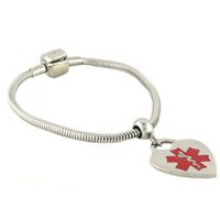 Women's Medical Alert ID Bracelet - Custom Engraving Included, PAN-Dorra Type, Stainless Steel - Heart, Red Size 8.0