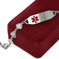 Medical Alert Bracelet for Women with Free Custom Engraving, Steel Heart-Link Chain CZ Stone, Red Medic ID | Wrist Size 8.75 inch