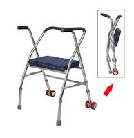 Elderly Walker with Seat and Wheel, Portable Folding Height-Adjustable Disabled Walking Frame, Four-Legged Walking Stick, Bathroom Chair