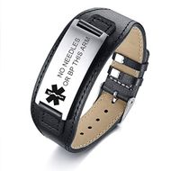 VNOX Medical Alert NO Needles OR BP This ARM Wide Genuine Leather Stainless Steel Adjustable Bracelet Wristband