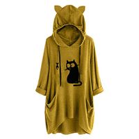 Women Casual Pullover Dress Long Sleeve Cat Hooded Tops Maxi Dresses Sweatshirt Coat Blouse with Pocket