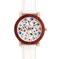 BOBO Bird Womens Ladies C-J04 Natural Wood Bamboo Watch with Gemstones - White Genuine Leather Band