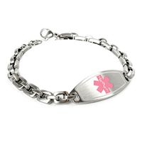 My Identity Doctor - Custom Engraving Medical Alert Bracelet, 316L Steel Matte 6mm Links - Pink - Wrist Size 8.5 Inch