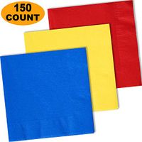 150 Lunch Napkins, Cobalt Blue, Lemon Yellow, Red - 50 Each Color. 2 Ply Paper Dinner Napkins. 6.5" folded, 13.5" unfolded.