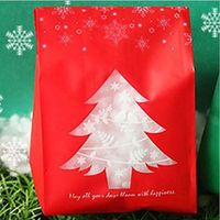 SCHOLMART Clear Flat Cello Cellophane Treat Gift Bags for Bakery, Cookies, Candies, Dessert, Christmas Snowman, Buddies Holiday (50 Pack) (3.5 x 8 Inch, Christmas Tree (Red))
