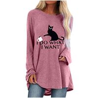 Sunhusing Women's Lazy Cat Letter Printed Loose Round Neck Solid Color Long Sleeve Pullover Long Tunic Tops(Pink,3XL)