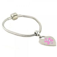 Pan-Dorra PRE-Engraved “Lymphedema Alert Left ARM” Stylish Medical Bracelet - Heart Pink Charm 7.50