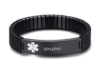 VNOX Black Stainless Steel Medical Aert ID Epilepsy Watch Band Strentch Bracelet for Women Girl,7"-7.2"