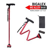 BigAlex Folding Walking Cane with LED Light,Pivoting Quad Base,Adjustable Walking Stick with Carrying Bag for Man/Woman (MG Alloy Base(Red))