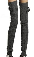 Ewanda store Women 80s Solid Color High Leg Thick Winter Autumn Knit Crochet Hosiery Socks Leg Warmer Footless Knee Socks with Balls Dark Grey