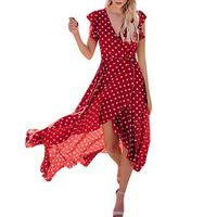 Boho Dresses for Women Summer Beach V-Neck Ruffle Sleeve Dot Print Maxi Dress Red