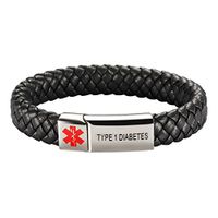 [Engraving]Leather Medical Alert Bracelet - Personalized Medical ID for Men Women Kids Custom Diabetic Alert Bracelet-Black (23cm(9.05"), ☆Silver-Type 1 Diabetes)