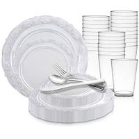 Disposable Plastic Dinnerware Wedding Value Set for 120 Guests - Includes Fancy Round Clear Dinner Plates, Dessert/Salad Plates, Silver Cutlery Set & Cups For Christmas, Birthday Party & All Occasions