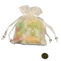 Ivory Organza Bags with Jesus Cross | Quantity: 12 | Width: 3 1/4"