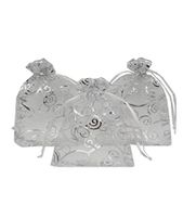 Ankirol 100pcs Sheer Organza Favor Bags for Wedding Baby Shower Rattan Print Gift Bags Samples Display Drawstring Pouches (3x4, Silver)